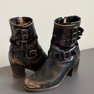 Frye Distressed Black Leather Mid Calf Boots with Buckle Detail